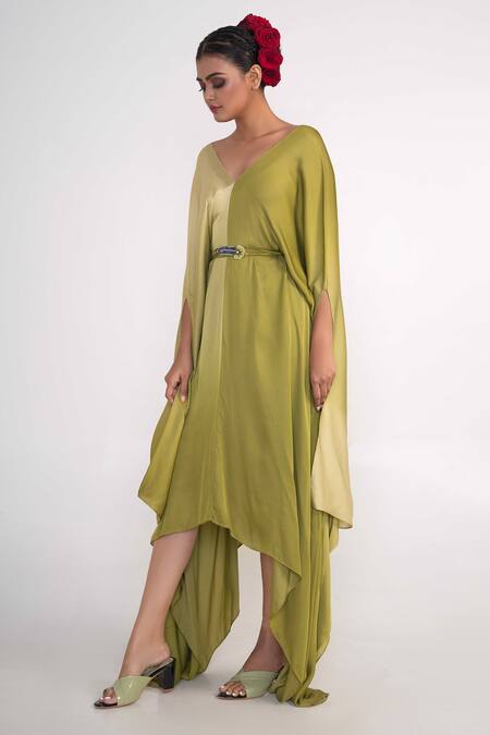 Shop_Merge Design_Green Modal, Satin Pearls V-neck Embroidered Kaftan With Belt _Online_at_Aza_Fashions