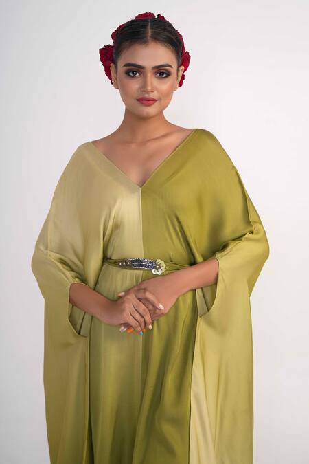 Merge Design_Green Modal, Satin Pearls V-neck Embroidered Kaftan With Belt _at_Aza_Fashions