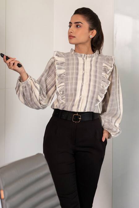 Buy_B'Infinite_Grey Cotton Striped Pattern High Neck Shirt And Trouser Set_Online_at_Aza_Fashions