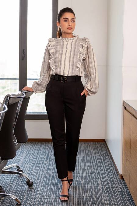 Shop_B'Infinite_Grey Cotton Striped Pattern High Neck Shirt And Trouser Set_Online_at_Aza_Fashions