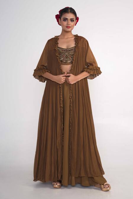 Shop_Merge Design_Brown Chiffon, Crepe, Georgette Beads, Cut Work, Pleated Shrug And Flared Pant Set _Online_at_Aza_Fashions