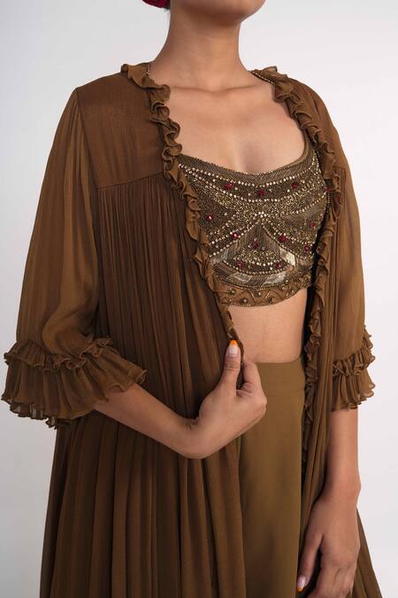 Merge Design_Brown Chiffon, Crepe, Georgette Beads, Cut Work, Pleated Shrug And Flared Pant Set _at_Aza_Fashions
