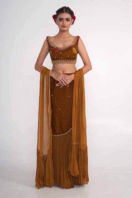 Merge Design_Yellow Velvet, Chiffon Embroidery, Pearls Boat Neck Fish Cut Lehenga Set _Online_at_Aza_Fashions