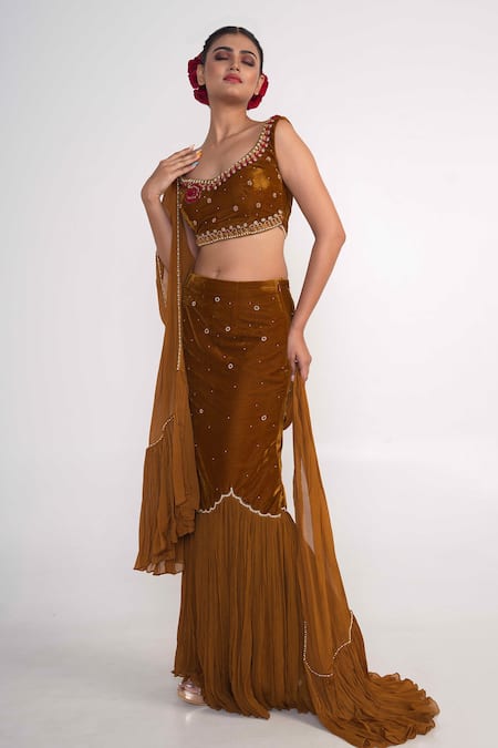 Shop_Merge Design_Yellow Velvet, Chiffon Embroidery, Pearls Boat Neck Fish Cut Lehenga Set _Online_at_Aza_Fashions