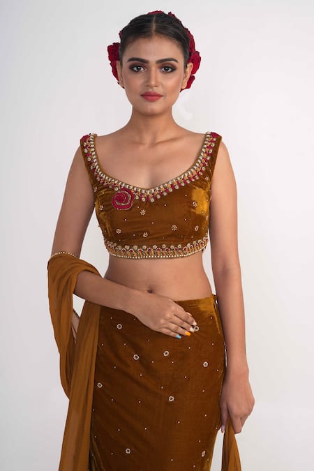 Merge Design_Yellow Velvet, Chiffon Embroidery, Pearls Boat Neck Fish Cut Lehenga Set _at_Aza_Fashions