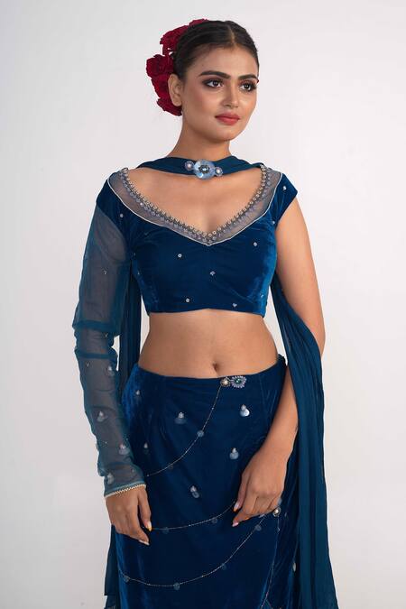 Buy_Merge Design_Blue Velvet, Chiffon Pearls, Sequins, Stones Embroidered Fish Cut Lehenga Set _Online_at_Aza_Fashions