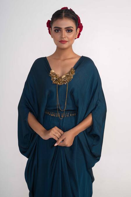 Shop_Merge Design_Blue Modal, Satin Embroidery, Stones V-neck Coin Kaftan With Belt _Online_at_Aza_Fashions