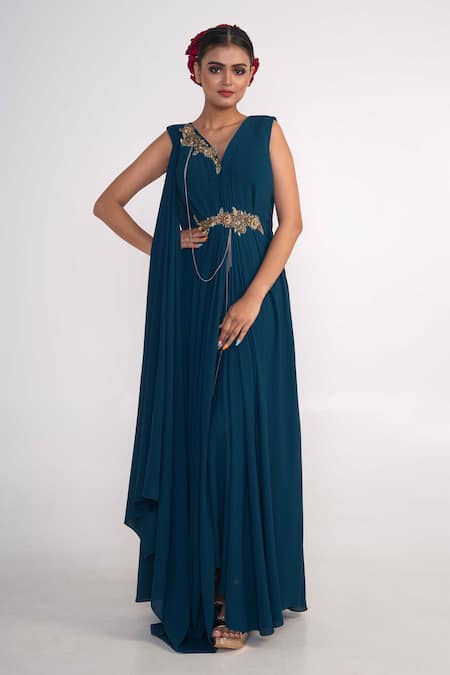 Buy_Merge Design_Blue Georgette, Crepe Zari, Sequins, Stones V-neck V Draped Gown _Online_at_Aza_Fashions