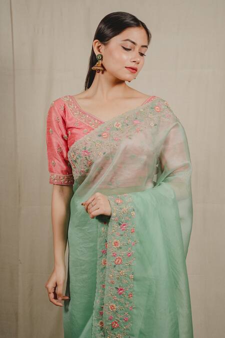Buy_Shinor_Green Organza, Silk Pearls, Zari Sweetheart Embroidered Border Saree And Blouse _Online_at_Aza_Fashions