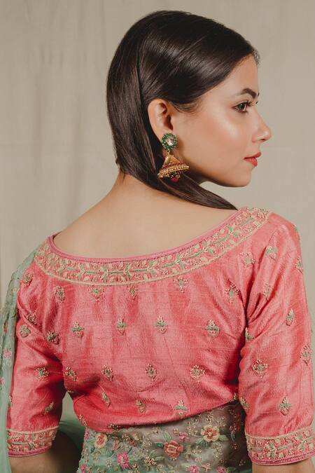 Shinor_Green Organza, Silk Pearls, Zari Sweetheart Embroidered Border Saree And Blouse _at_Aza_Fashions