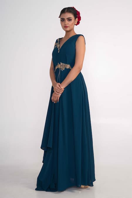 Shop_Merge Design_Blue Georgette, Crepe Zari, Sequins, Stones V-neck V Draped Gown _Online_at_Aza_Fashions
