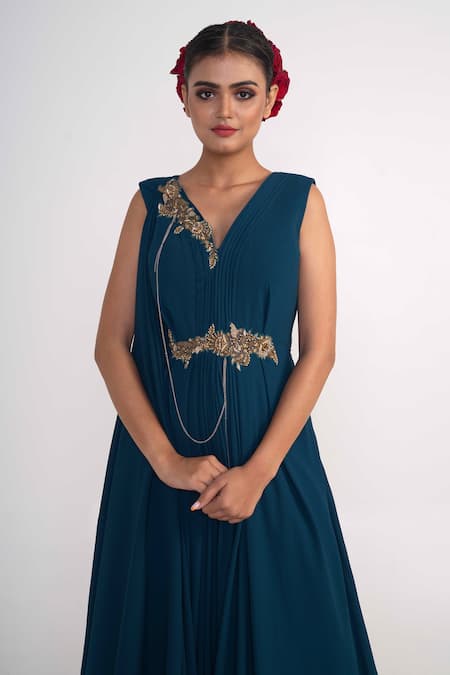 Merge Design_Blue Georgette, Crepe Zari, Sequins, Stones V-neck V Draped Gown _at_Aza_Fashions