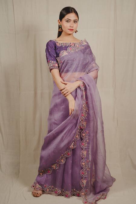 Shinor_Purple Saree Organza Embroidered French Knots Boat Scalloped And Blouse Set _Online_at_Aza_Fashions