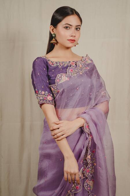Buy_Shinor_Purple Saree Organza Embroidered French Knots Boat Scalloped And Blouse Set _Online_at_Aza_Fashions