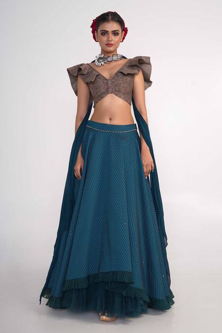 Buy_Merge Design_Blue Silk, Chiffon Embroidery V-neck Bouquet Print Lehenga Set _Online_at_Aza_Fashions