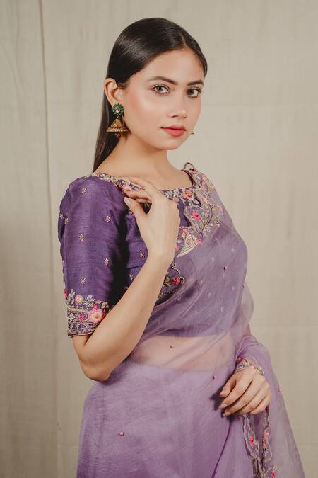 Shop_Shinor_Purple Saree Organza Embroidered French Knots Boat Scalloped And Blouse Set _Online_at_Aza_Fashions