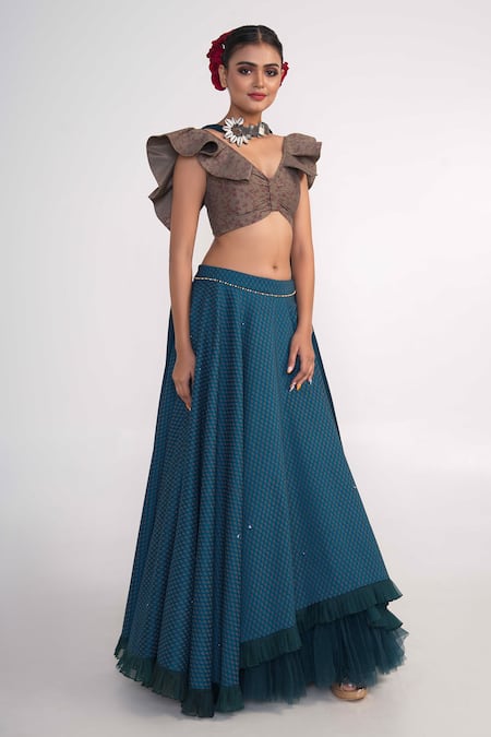 Shop_Merge Design_Blue Silk, Chiffon Embroidery V-neck Bouquet Print Lehenga Set _Online_at_Aza_Fashions