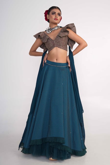 Merge Design_Blue Silk, Chiffon Embroidery V-neck Bouquet Print Lehenga Set _at_Aza_Fashions