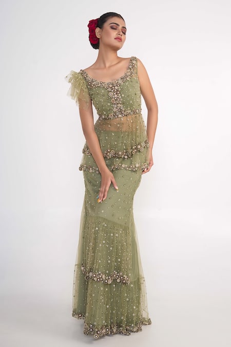 Merge Design_Green Net, Crepe Pearls, Sequins, Stones Embroidered Peplum Blouse And Lehenga Set _Online_at_Aza_Fashions