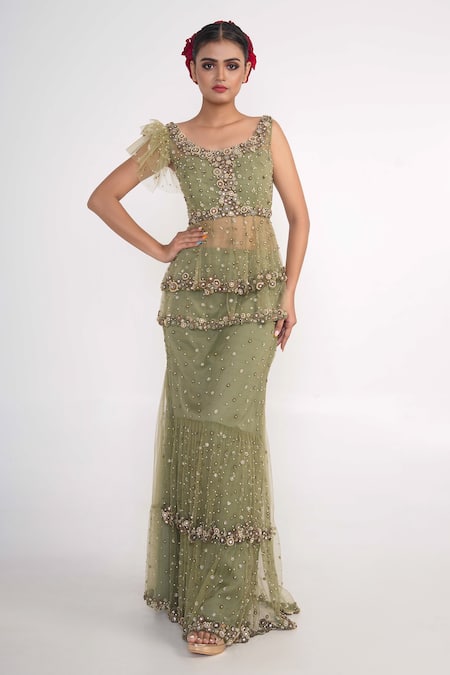 Buy_Merge Design_Green Net, Crepe Pearls, Sequins, Stones Embroidered Peplum Blouse And Lehenga Set _Online_at_Aza_Fashions
