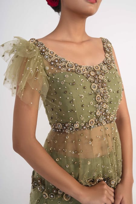 Shop_Merge Design_Green Net, Crepe Pearls, Sequins, Stones Embroidered Peplum Blouse And Lehenga Set _Online_at_Aza_Fashions
