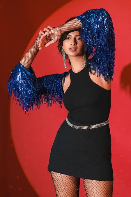 Asra_Blue Four Way Stretch Net Beaded Tassels Draped Embroidered Bolero Jacket _Online_at_Aza_Fashions