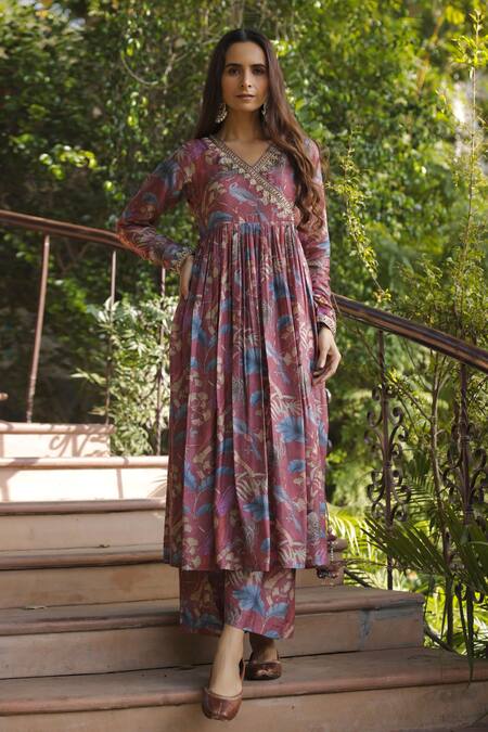 Harsha Khatry Purple Silk, Tussar Embroidery, Sequins, Botanical Print Angrakha Anarkali Set Online at Aza Fashions Harsha Khatry_Purple Silk, Tussar Embroidery, Sequins, Botanical Print Angrakha Anarkali Set_Online_at_Aza_Fashions