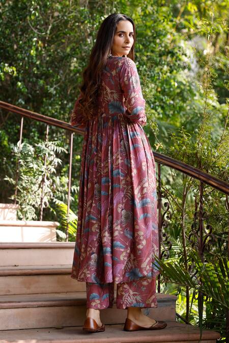 Buy_Harsha Khatry_Purple Silk, Tussar Embroidery, Sequins, Botanical Print Angrakha Anarkali Set_Online_at_Aza_Fashions