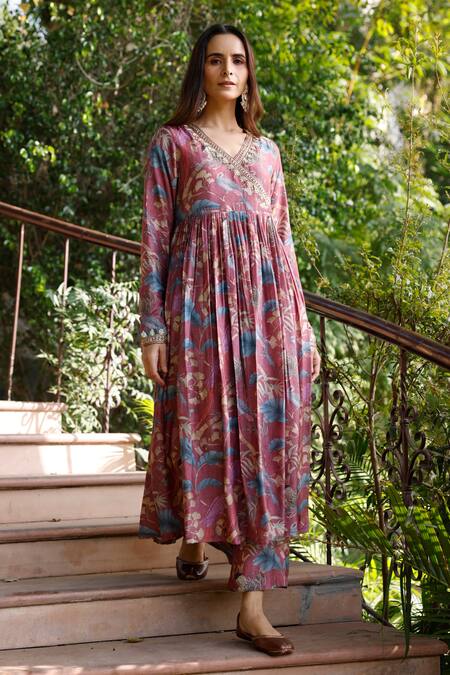 Shop_Harsha Khatry_Purple Silk, Tussar Embroidery, Sequins, Botanical Print Angrakha Anarkali Set_Online_at_Aza_Fashions