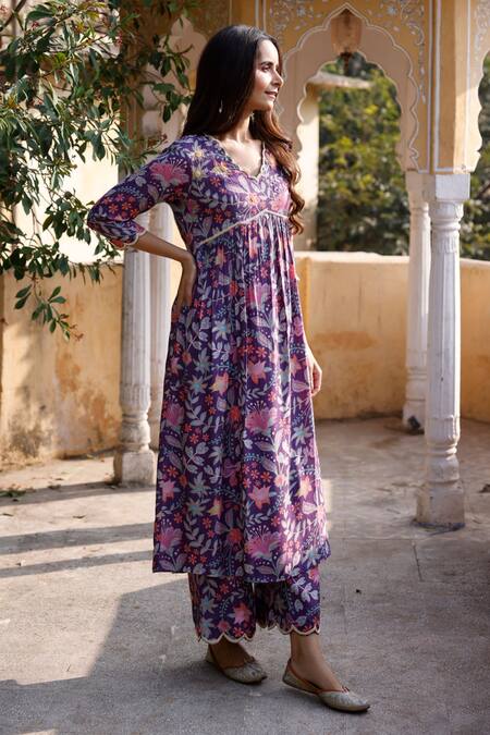 Buy_Harsha Khatry_Purple Tussar, Silk Embroidery Scoop Neck Flower Print Anarkali Set_Online_at_Aza_Fashions