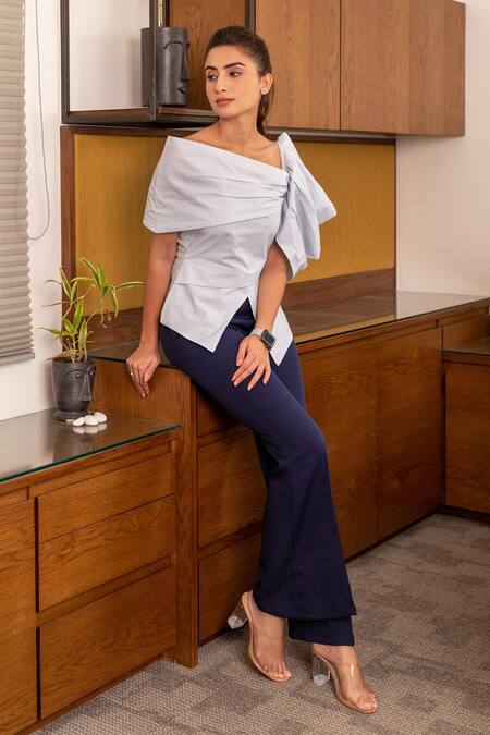 Shop B'Infinite White Cotton Stripe Asymmetric Neck Pattern Top With Trouser Online at Aza Fashions Shop_B'Infinite_White Cotton Stripe Asymmetric Neck Pattern Top With Trouser_Online_at_Aza_Fashions