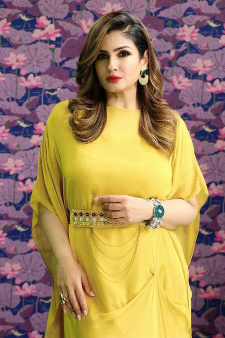 Buy_Merge Design_Yellow Georgette, Lining Crepe Plain Round Ombre Kaftan With Embroidered Belt _Online_at_Aza_Fashions