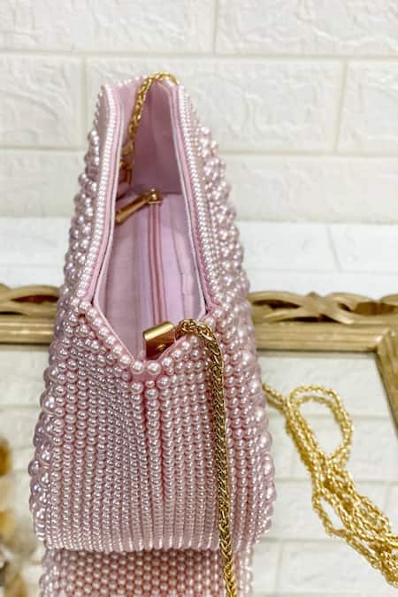 Kainiche By Mehak_Pink Embellished Pearl Clutch With Sling _Online_at_Aza_Fashions