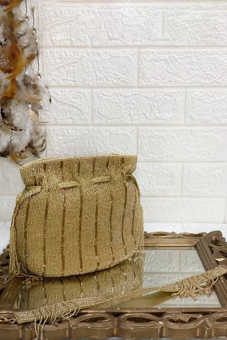 Kainiche By Mehak Gold Embellished Stripe Pattern Potli Online at Aza Fashions Kainiche By Mehak_Gold Embellished Stripe Pattern Potli_Online_at_Aza_Fashions