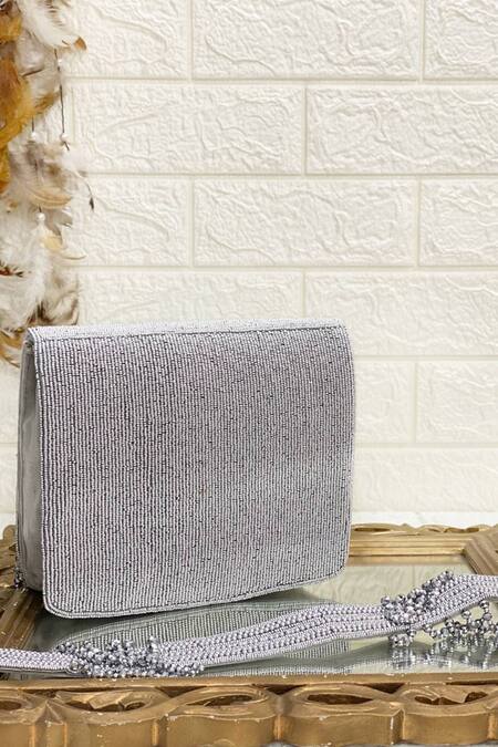 Kainiche By Mehak Silver Embellished Raw Silk Clutch Bag Online at Aza Fashions Kainiche By Mehak_Silver Embellished Raw Silk Clutch Bag _Online_at_Aza_Fashions