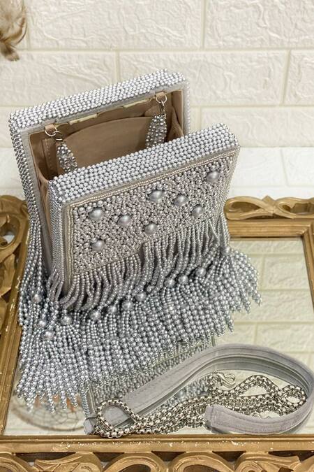 Kainiche By Mehak Grey Embellished Mother Of Pearl Clutch Bag Online at Aza Fashions Kainiche By Mehak_Grey Embellished Mother Of Pearl Clutch Bag _Online_at_Aza_Fashions