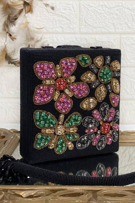 Kainiche By Mehak_Black Embellished Floral Rhinestone Bag _Online_at_Aza_Fashions