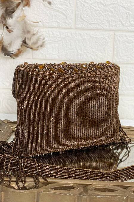 Kainiche By Mehak_Brown Embellished Rectangle Cutdana Bag _Online_at_Aza_Fashions