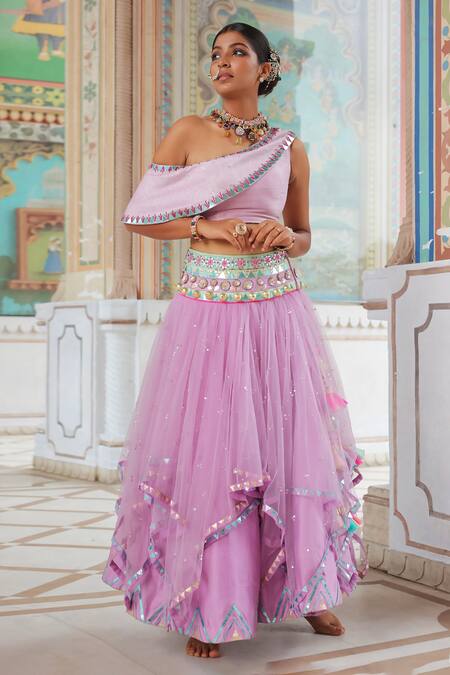Buy_Xoxo Apurva_Purple Silk, Tulle, Chanderi Embroidery, Sequins, Lehenga Skirt And Blouse Set _Online_at_Aza_Fashions