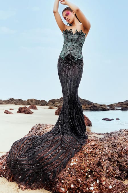 Bhawna Rao_Black Silk, Tulle Sequins, Cut Work Square Neck Embroidered Mermaid Gown _Online_at_Aza_Fashions