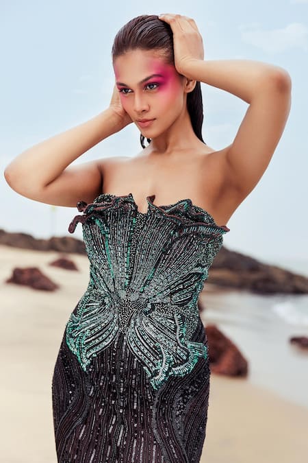 Buy_Bhawna Rao_Black Silk, Tulle Sequins, Cut Work Square Neck Embroidered Mermaid Gown _Online_at_Aza_Fashions