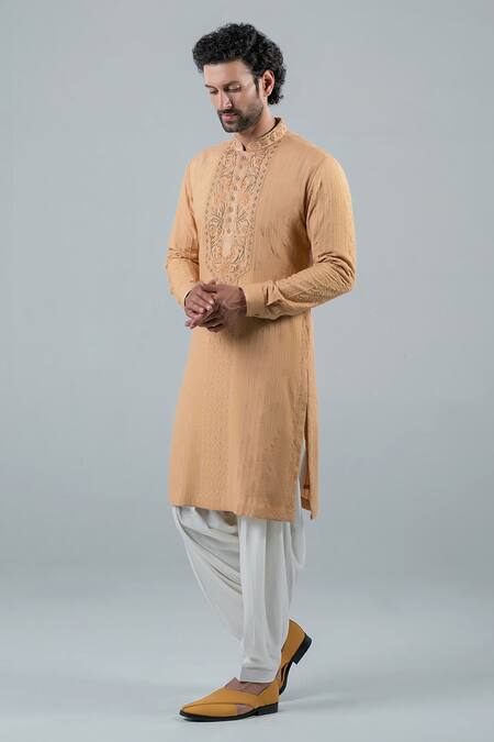 Buy_Punit Arora_Beige Modal Floral Mandarin Collar Embroidered Kurta Set _Online_at_Aza_Fashions