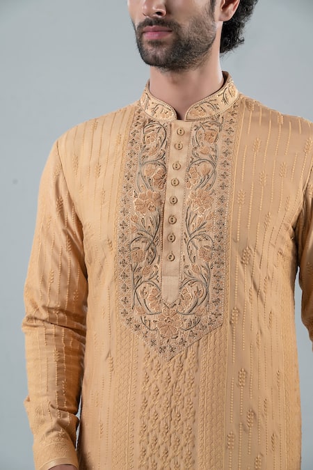 Shop_Punit Arora_Beige Modal Floral Mandarin Collar Embroidered Kurta Set _Online_at_Aza_Fashions
