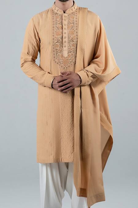 Punit Arora_Beige Modal Floral Mandarin Collar Embroidered Kurta Set _at_Aza_Fashions