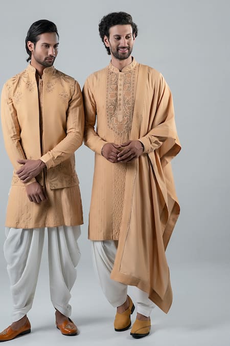 Punit Arora_Beige Matka Silk, Modal Floral Mandarin Collar Bundi And Kurta Set _Online_at_Aza_Fashions