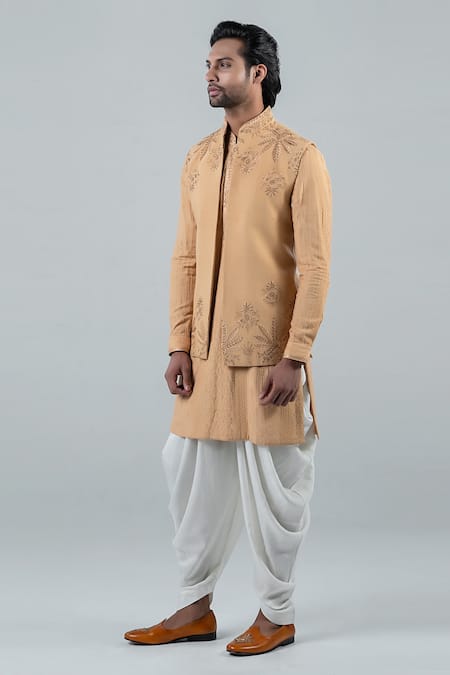 Buy_Punit Arora_Beige Matka Silk, Modal Floral Mandarin Collar Bundi And Kurta Set _Online_at_Aza_Fashions