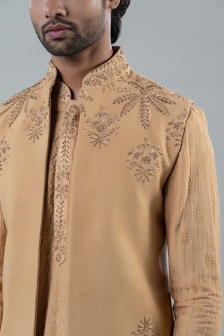 Shop_Punit Arora_Beige Matka Silk, Modal Floral Mandarin Collar Bundi And Kurta Set _Online_at_Aza_Fashions