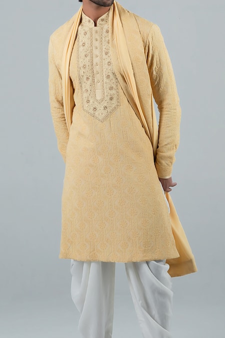 Shop_Punit Arora_Beige Modal Thread Work, Zardozi Floral Embroidered Kurta Set _Online_at_Aza_Fashions