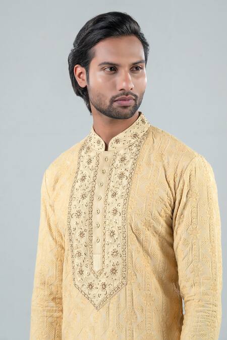 Buy_Punit Arora_Beige Modal Thread Work, Zardozi Floral Embroidered Kurta Set _Online_at_Aza_Fashions