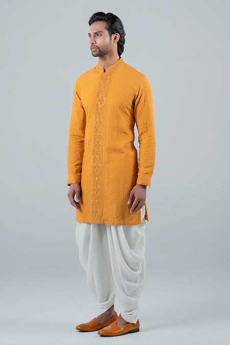 Punit Arora_Yellow Modal Floral Cuff Sleeved Embroidered Kurta Set _Online_at_Aza_Fashions